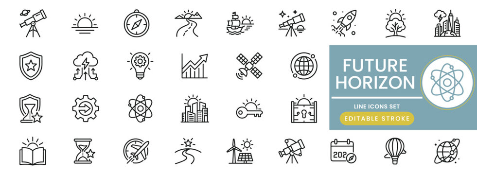 Future horizon icon set. containing space exploration, renewable energy, global connectivity, scientific research, and urban development icon set with editable stroke