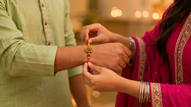 Happy raksha bandhan festive celebration with loving sister tying golden rakhi on brother wrist for auspicious shravan purnima traditional hindu cultural ritual