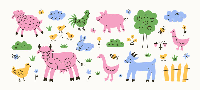 Set of cute farm animals. Trendy colorful doodles. Hand drawn cow, duck, goose, rooster, goat, chicken, sheep, rabbit, pig. Funny characters of domestic animals. Vector flat illustration.