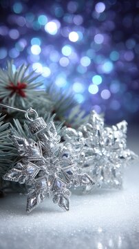 Silver snowflake ornament on pine branch with bokeh lights