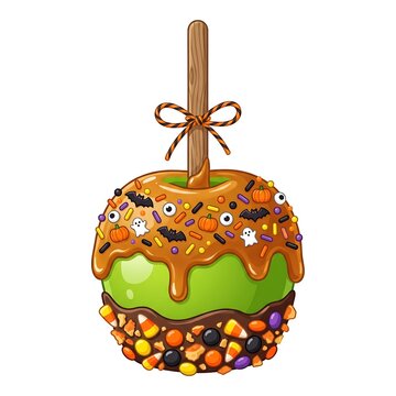 Halloween candy apple with caramel glaze and festive sprinkles isolated on white background