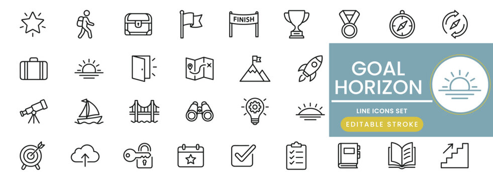 Goal horizon icon set. containing mountain peak, trophy, compass, rocket launch, target achievement and more. line collection icon set with editable stroke