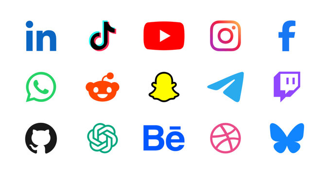 Social Media Logo Icons Set 2026 &ndash; LinkedIn, TikTok, YouTube, Instagram, Facebook, WhatsApp, Reddit, Snapchat, Telegram, Twitch, GitHub, ChatGPT, Behance, Dribbble, Bluesky