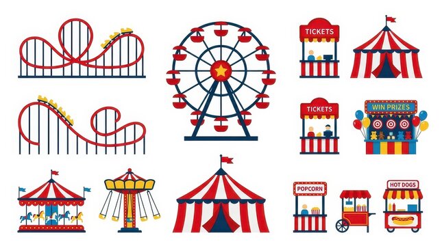 Amusement Park and Carnival Icon Set with Roller Coaster, Ferris Wheel, Carousel, Circus Tent, and Food Stands