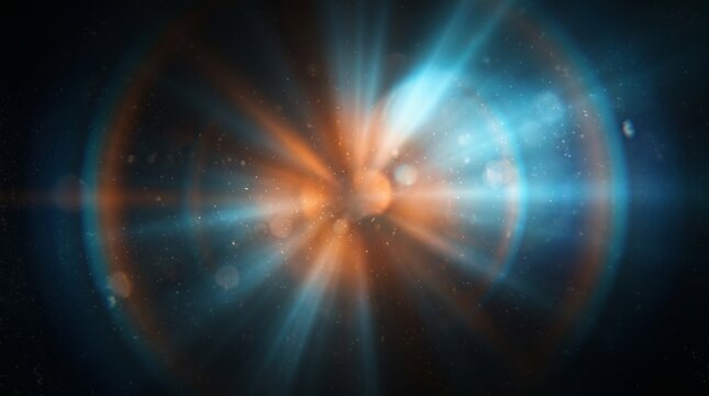 Radiant abstract light explosion featuring vibrant blue and warm orange streaks against a dark background space