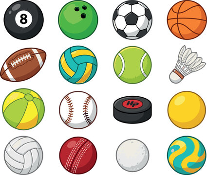 Cartoon Sports Ball Icon Set with Soccer Basketball Baseball Football and Hockey Equipment for Games Recreation Training and Athletic Graphic Designs