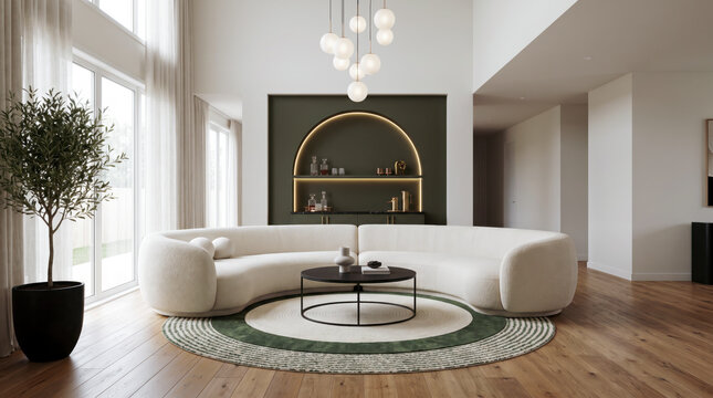 Serene high ceiling living room featuring curved cream sofa and dark green built in bar shelf
