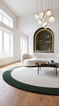 Tranquil living room with tall windows, gold sphere pendants, and curved boucl&eacute; sectional sofa