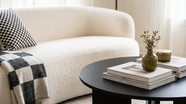 Cozy detail of boucl&eacute; sofa arm with checkered pillow, plaid throw, and olive ceramic vase