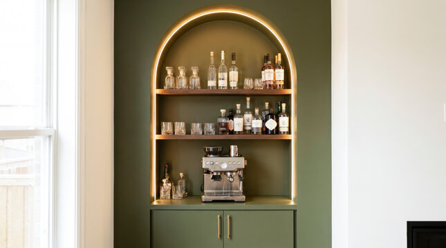 Illuminated arched green bar nook with glass decanters, glassware, and built in espresso machine