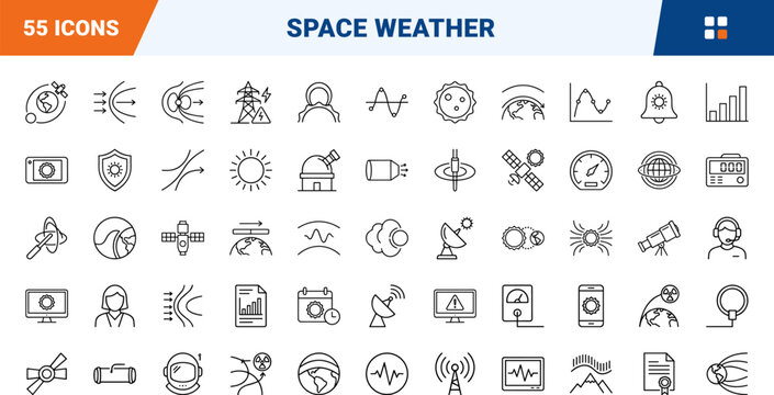 Solar weather forecasting line icon set. Vector pictograms of space weather, solar flare, geomagnetic storm, and satellite elements, thin linear illustration.