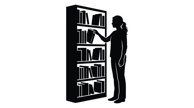 Woman reaching for book on bookshelf depicted as a black silhouette female person librarian reader