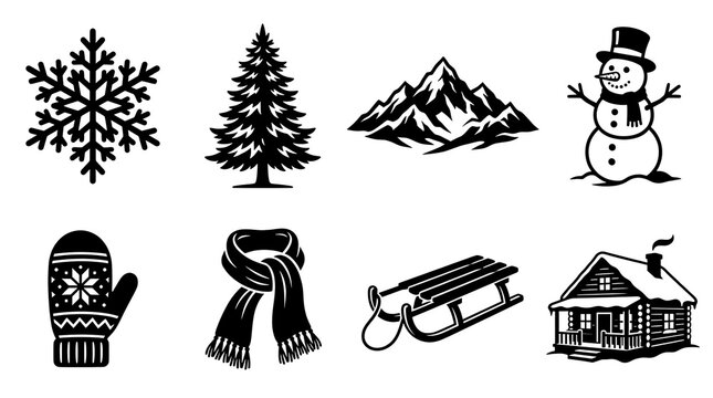 Set of hand drawn winter icons featuring snowflake pine tree mountains snowman mitten scarf sled and cabin