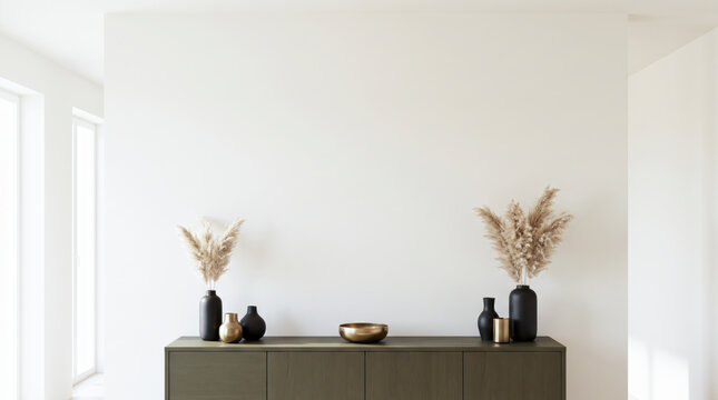 Minimalist white wall with copy space above olive green sideboard and dried pampas grass
