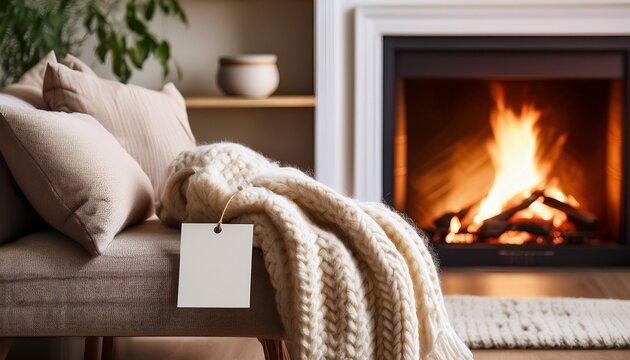cozy living room interior with a warm fire neutral tones and a knitted throw blanket featuring a blank price tag