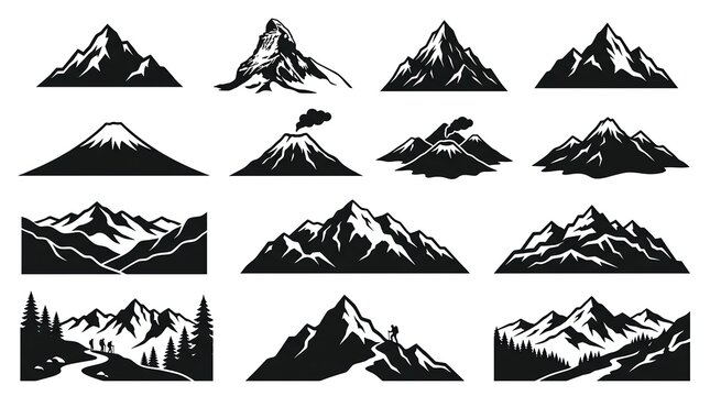 Set of black and white mountain icons and landscape illustrations featuring various peaks and volcanic formations