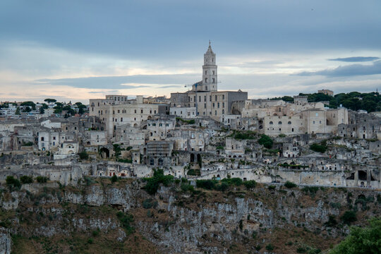 Matera, Italy - Jun 15 2026: View of the historic center of Matera from the Murgia hills