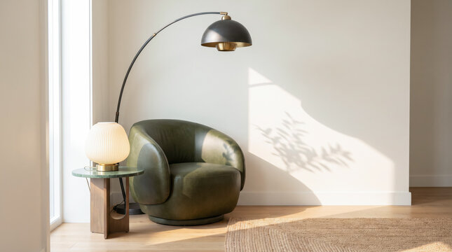 Contemporary reading corner with black arc floor lamp, ceramic table lamp, and olive leather chair