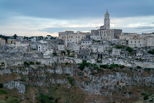 Matera, Italy - Jun 15 2026: View of the historic center of Matera from the Murgia hills