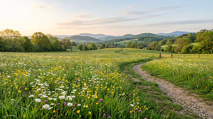 Fototapeta premium Beautiful green meadow with colorful wildflowers and a small stream under a cloudy sky view