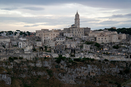 Matera, Italy - Jun 15 2026: View of the historic center of Matera from the Murgia hills
