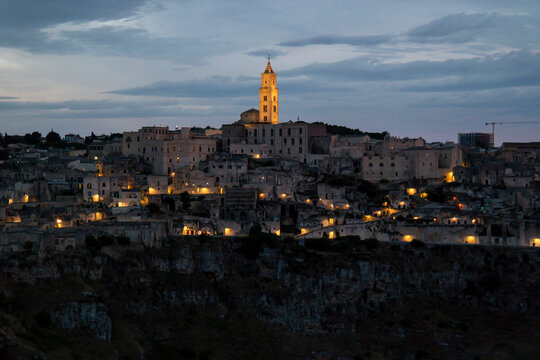 Matera, Italy - Jun 15 2026: View of the historic center of Matera from the Murgia hills