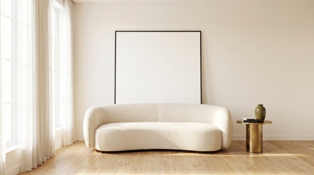 Blank framed poster mockup leaning above curved cream sofa in bright minimalist living room
