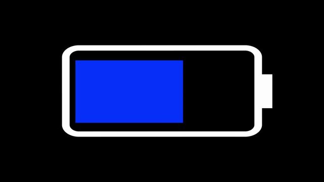 Battery Charging Animation Motion Graphic with Glowing Cyan Blue Bar Indicator Isolated on Pure Black Background. Modern Minimalist Digital Energy Level Indicator, Battery Status Charging Progress,