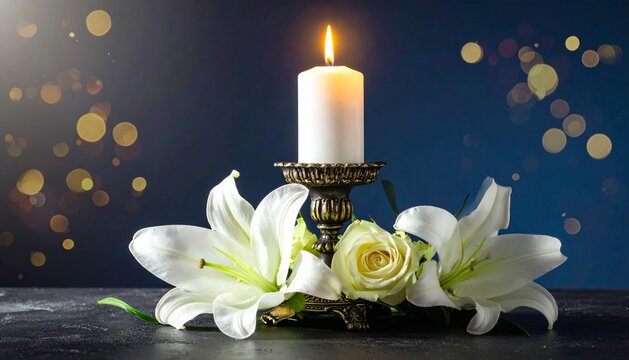 Funeral Condolence Candle and White Floral Arrangement on Moody Blue Background