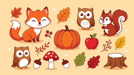 Obraz premium Cute Autumn Woodland Animals and Forest Elements Collection.