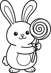 Fototapeta premium Cute Bunny Holding a Big Swirl Lollipop Outline Vector Illustration Character for Kids Coloring Book Pages, Stickers, and Sweet Candy Theme Designs