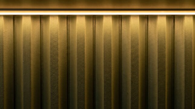 Warm ribbed wood wall paneling texture in olive green with glowing linear light strip