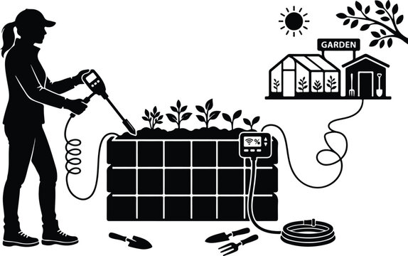 Woman testing soil with digital moisture meter probe in smart garden raised bed vector illustration