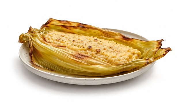 Traditional Argentine Humita en Chala sweet corn mixture wrapped in husk isolated on white background