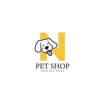 Letter N Logo with a Dog face. Alphabet N Pet Design Icon