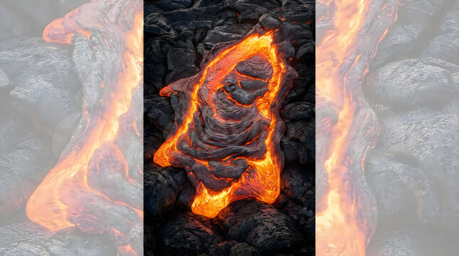 Molten lava flowing over dark volcanic rock surface, glowing liquid magma background.