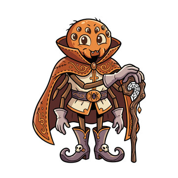 Halloween spider warlock vector wearing a cape and holding a staff