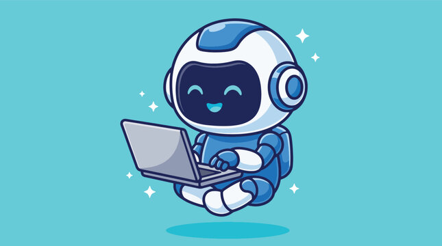 Cute Robot Character Using Laptop Computer Vector Illustration.