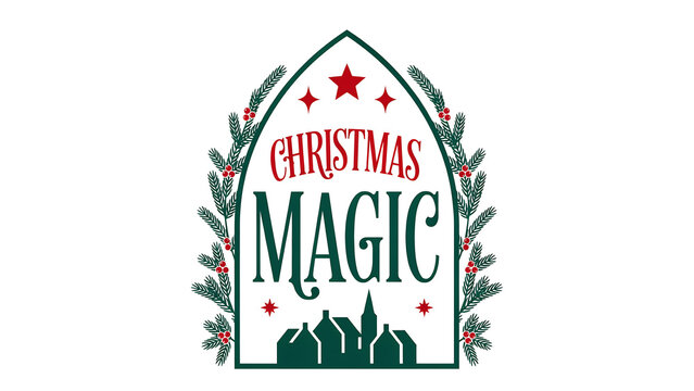 Christmas magic typographic design with arch shape and village silhouette christmas typography seasonal greeting silhouette