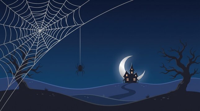Spooky halloween night landscape with a haunted house, a large spider web, a hanging spider, and a crescent moon in a dark blue sky