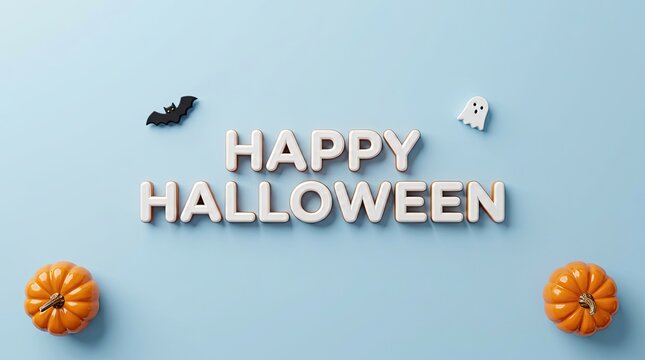 A festive and happy halloween greeting featuring tiny pumpkins a spooky bat and a ghostly white specter against a soft pastel blue