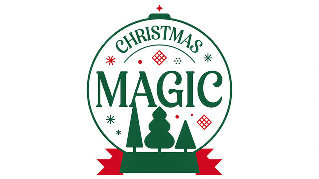 Christmas magic quote badge graphic with bauble ornament shape and pine trees christmas ornament seasonal illustration