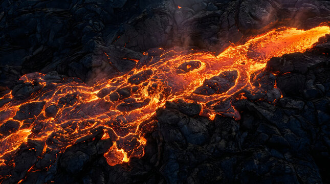 Molten lava flowing over dark volcanic rock, glowing magma stream from a volcanic eruption.