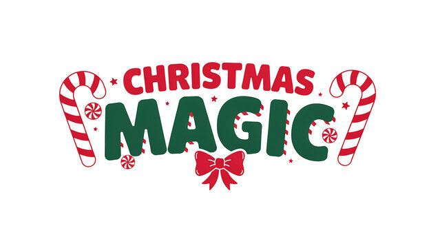 Christmas magic typography logo decorated with candy canes and red bow christmas typography seasonal illustration celebration