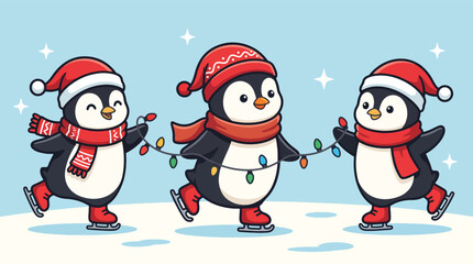 Fototapeta premium Three cute penguins ice skating and holding Christmas lights in a winter landscape.