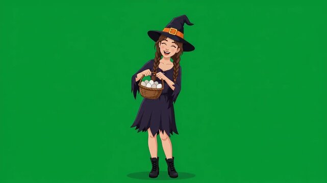 Happy young witch character holding a basket of treats on a green screen background, ready for Halloween festivities.