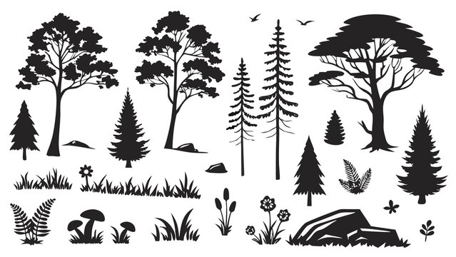 Set of Tree Silhouettes Vector Collection with Palm, Pine, Birch and Tropical Trees, Nature Forest Elements for Pattern, Floral Design and Decorative Illustration