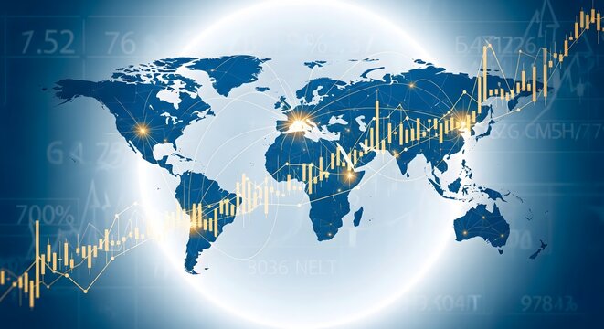A glowing world map background with financial trading charts and data graphs for global economy concepts.