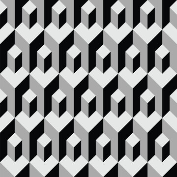 Seamless cubed rectangle pattern created from light grey diamonds and dark grey and black parallelograms