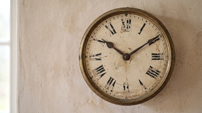 Vintage clock dial with faded numbers on a textured wall  